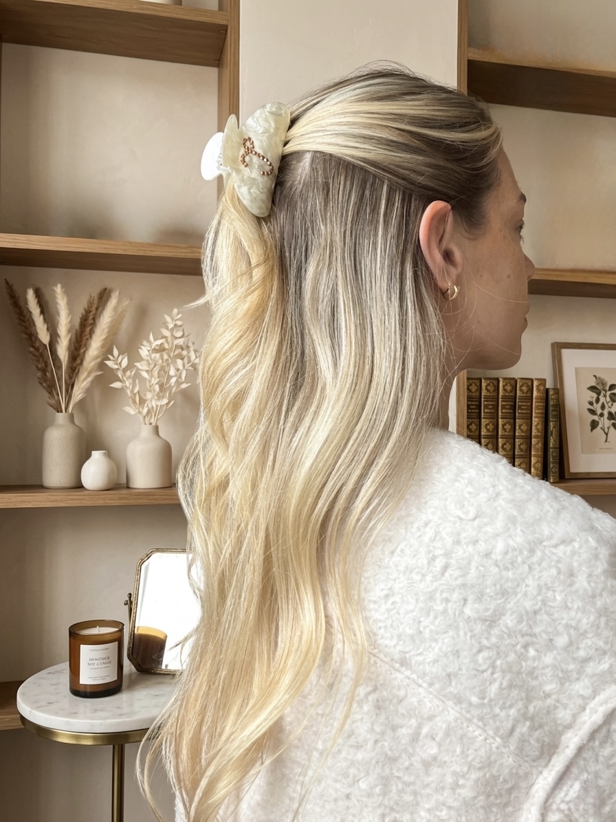 pink floral half up clip back view at coffee shop